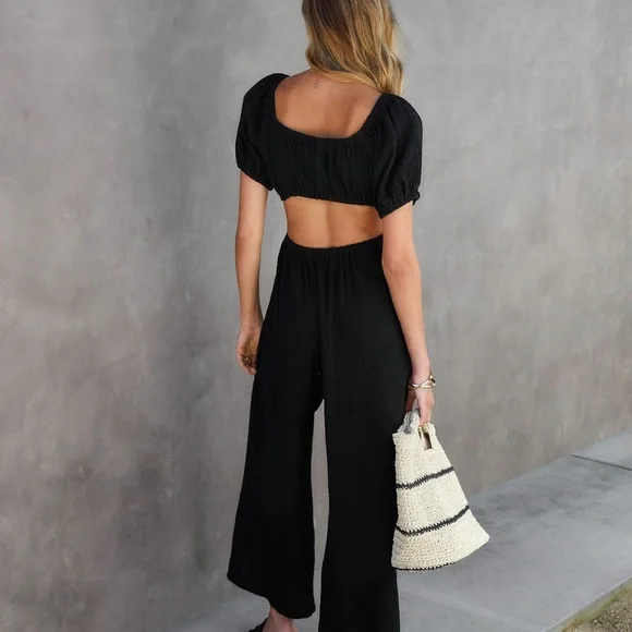 BY VICI PORTFINO BREEZE COTTON PUFF SLEEVE CUTOUT JUMPSUIT IN BLACK BRAND NEW!❤️ - Picture 5 of 8